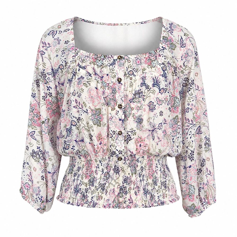 No Boundaries Peasant Top Women's 3XL Smocked Waist Boho Festival Indie Floral